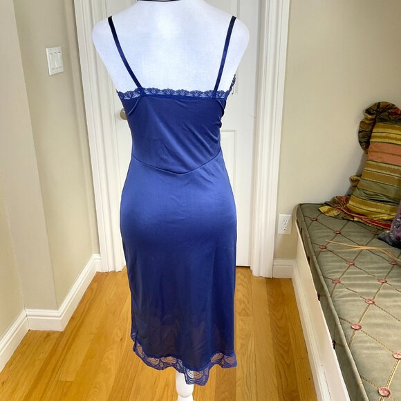 Vintage Dress Slip Midi Length Blue Nylon Lace Trim Cups and Hem Y2K (~XS) - Picture 3 of 7